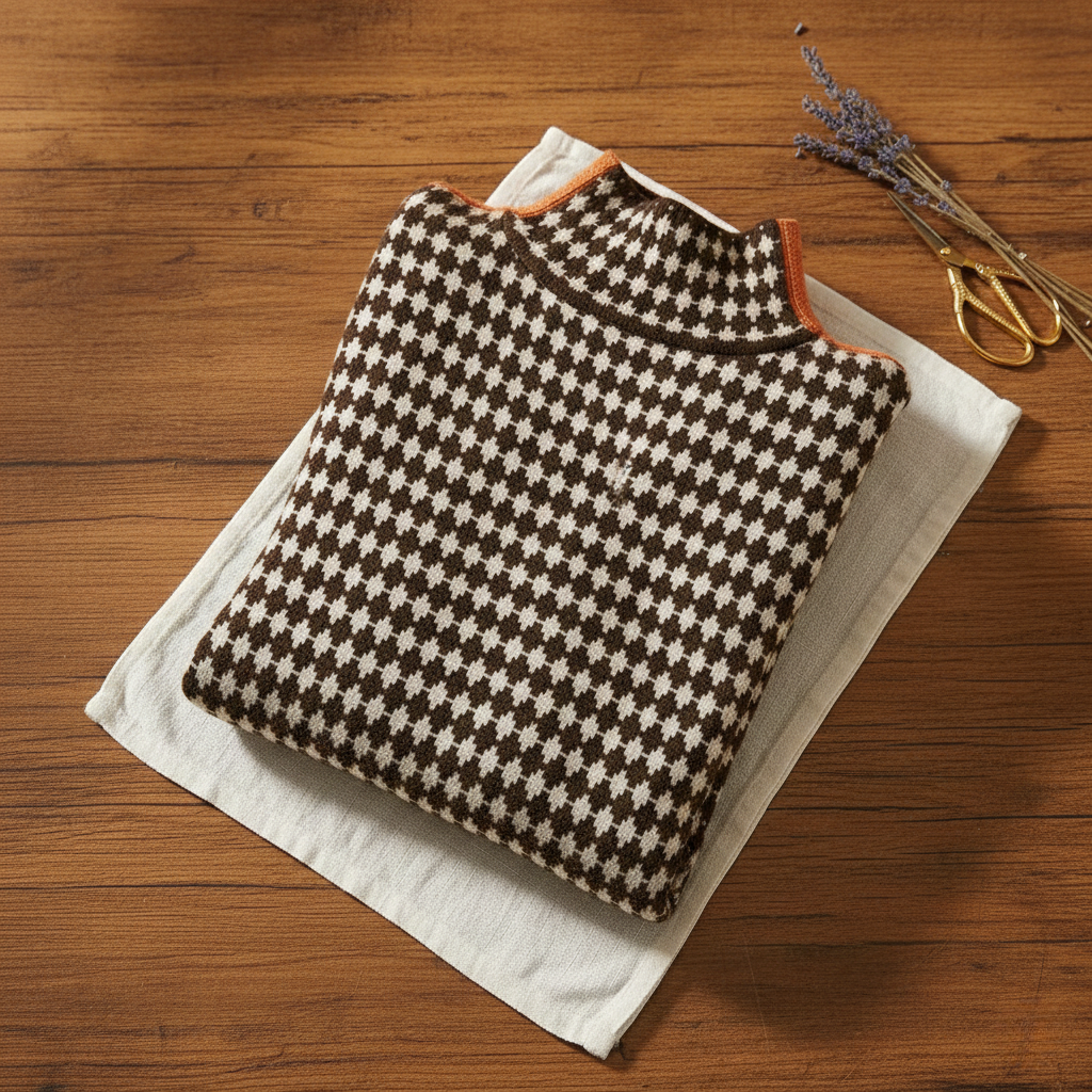 Cashmere Turtleneck with Cross Pattern and Orange Sleeves