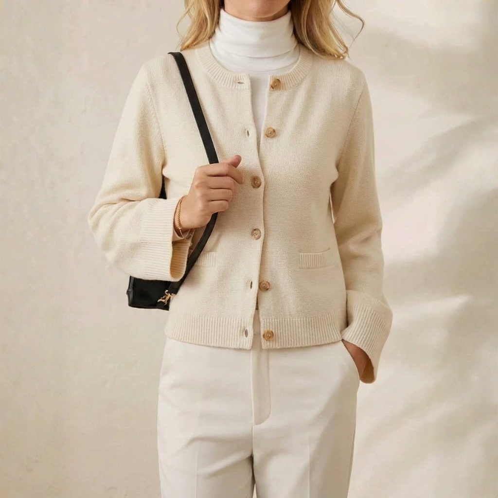 Cashmere Crew Neck Cardigan with Ribbed Knit