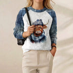 Cashmere Sweater Blue & Cream with Highland Cow Pattern