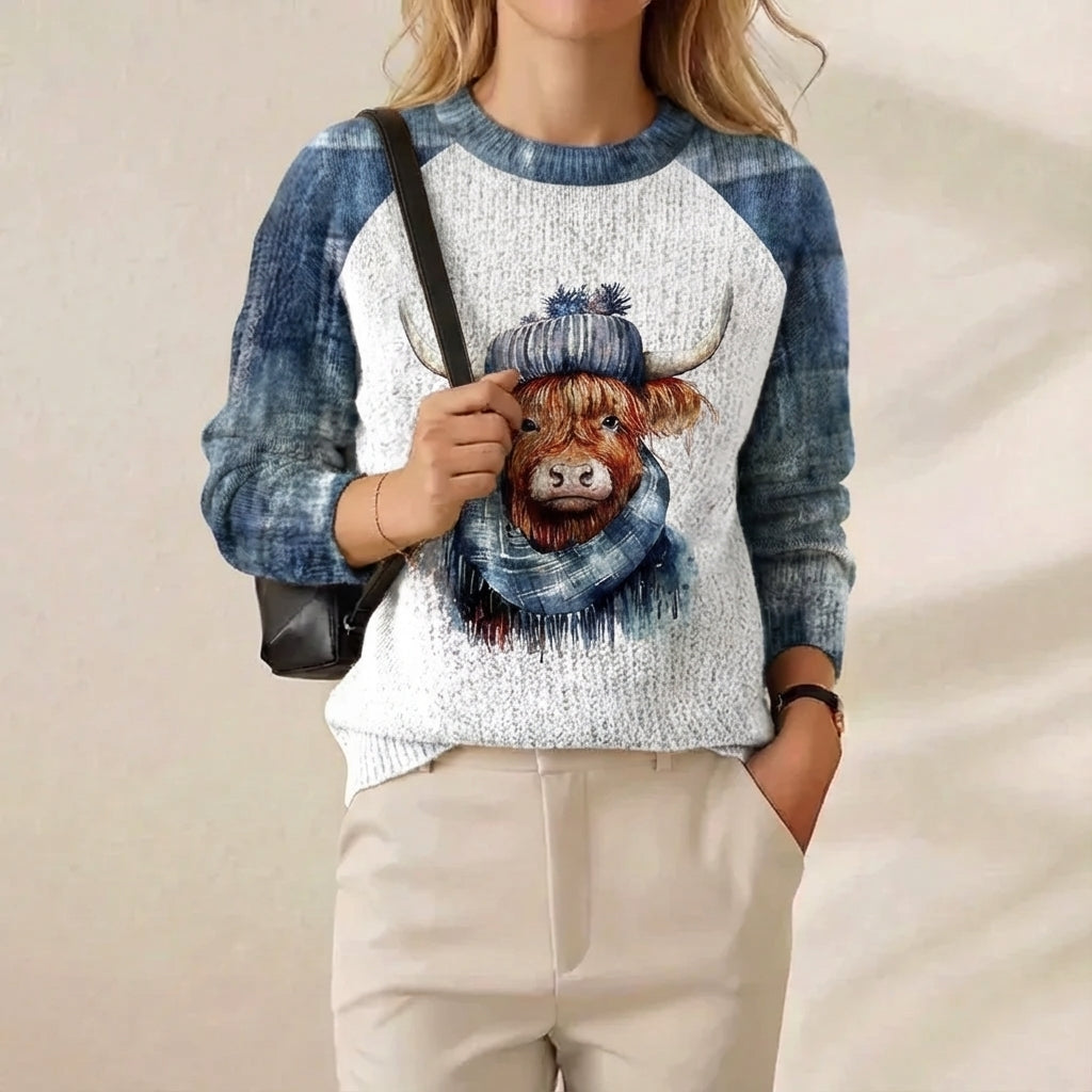 Cashmere Sweater Blue & Cream with Highland Cow Pattern
