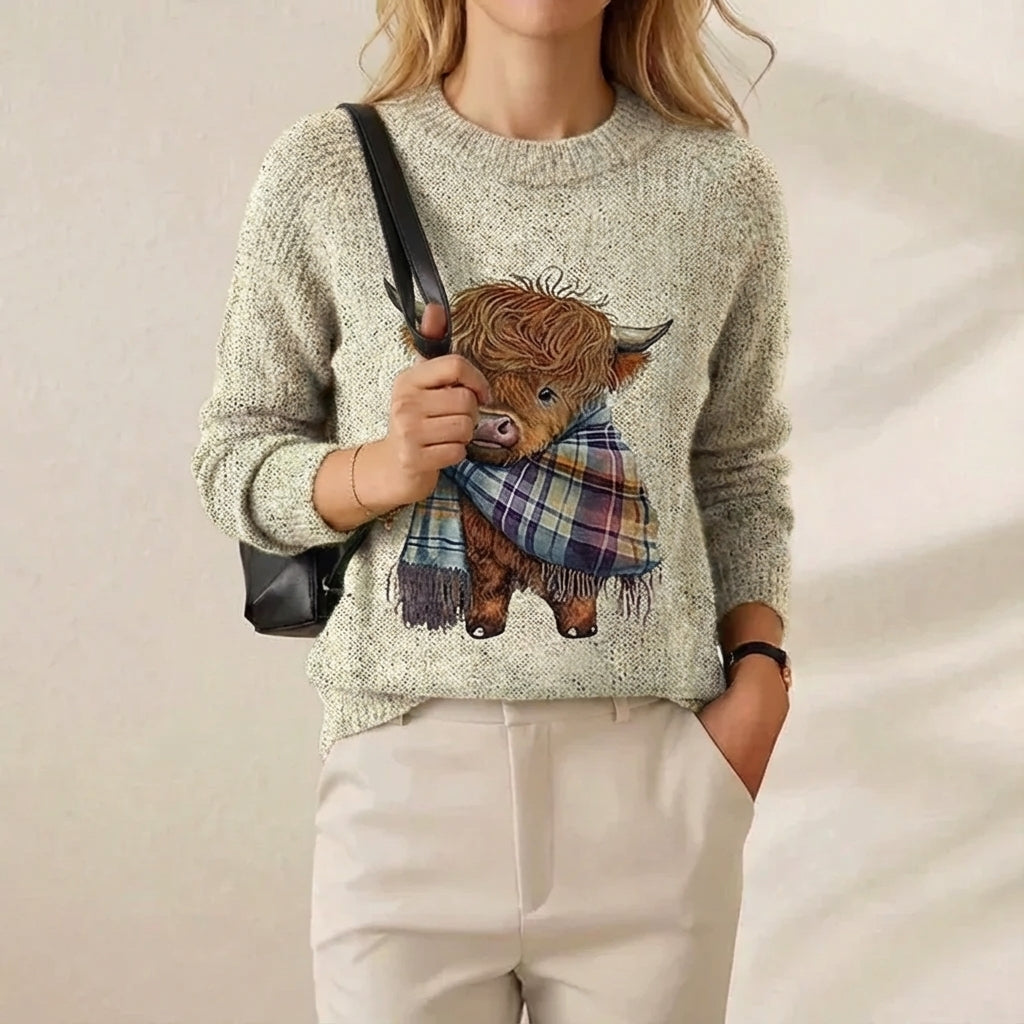 Cashmere Sweater Cream with Highland Cow Pattern