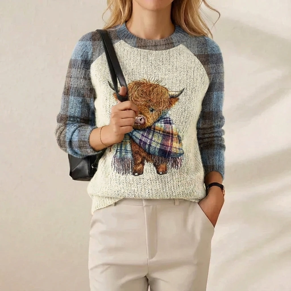 Cashmere Sweater Light Blue & Cream with Highland Cow Pattern