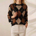 Cashmere Sweater with Diamond Pattern Brown-Black