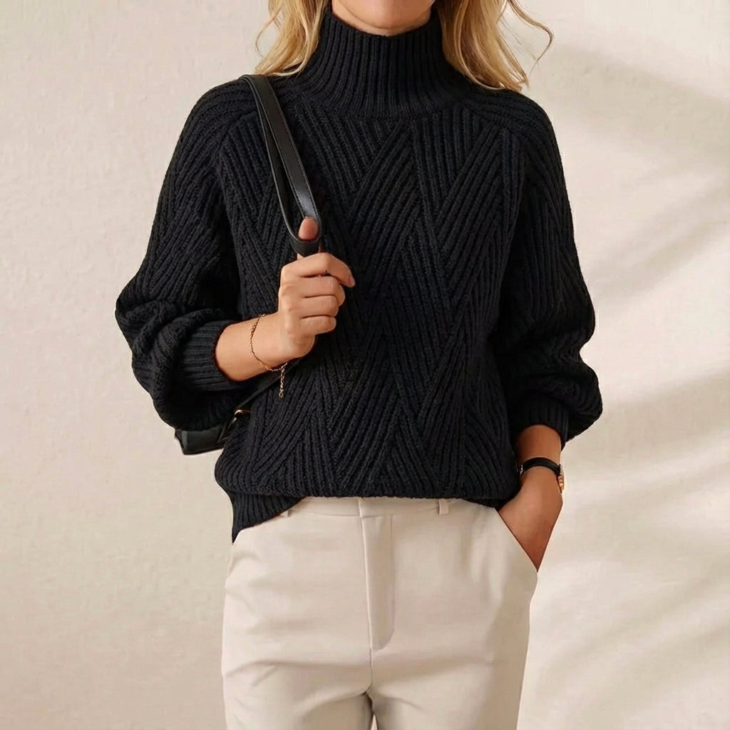 Cashmere Chunky Sweater Black with V-Structure