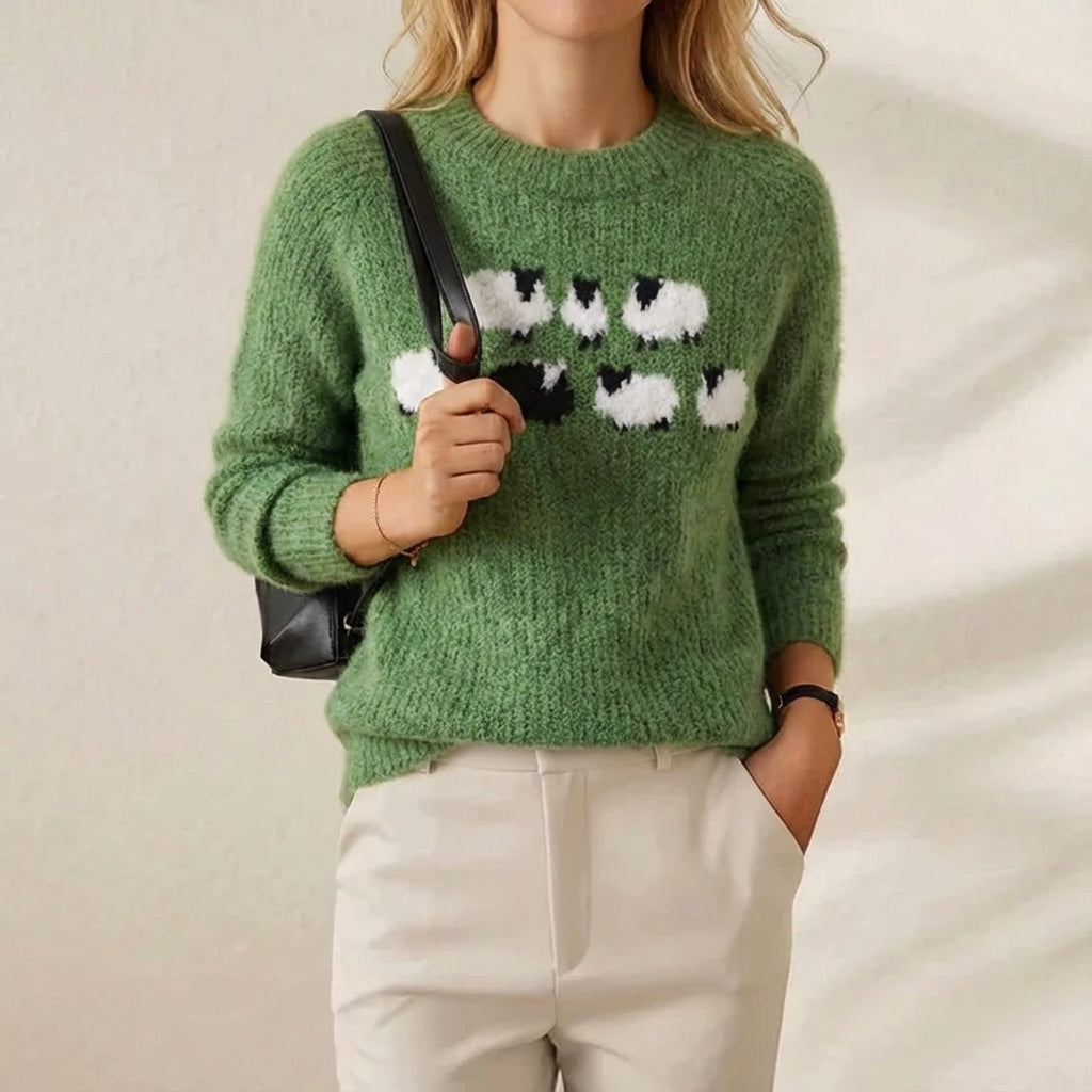 Cotton Sweater Green with Sheep Pattern