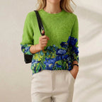 Cashmere Sweater Green with Blue Flower Pattern