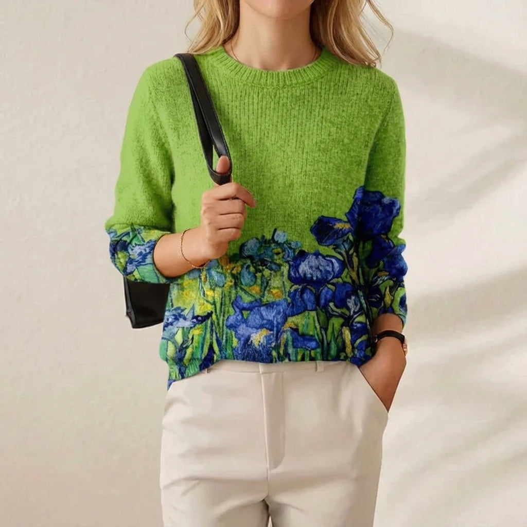 Cashmere Sweater Green with Blue Flower Pattern