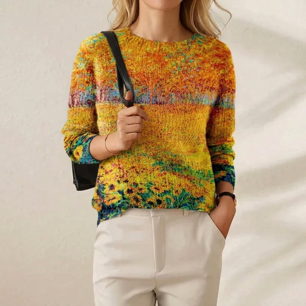 Cashmere Sweater with Autumn Floral Pattern Orange