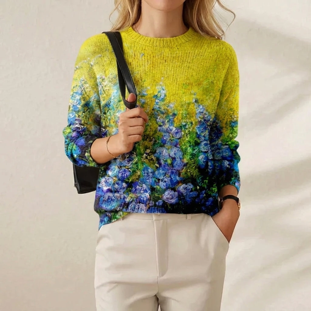 Cashmere Sweater Yellow with Flower Pattern