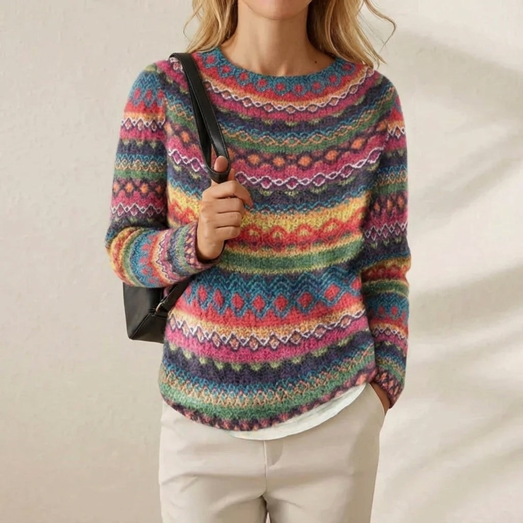 Cotton Sweater with Rainbow Fair Isle Stripes