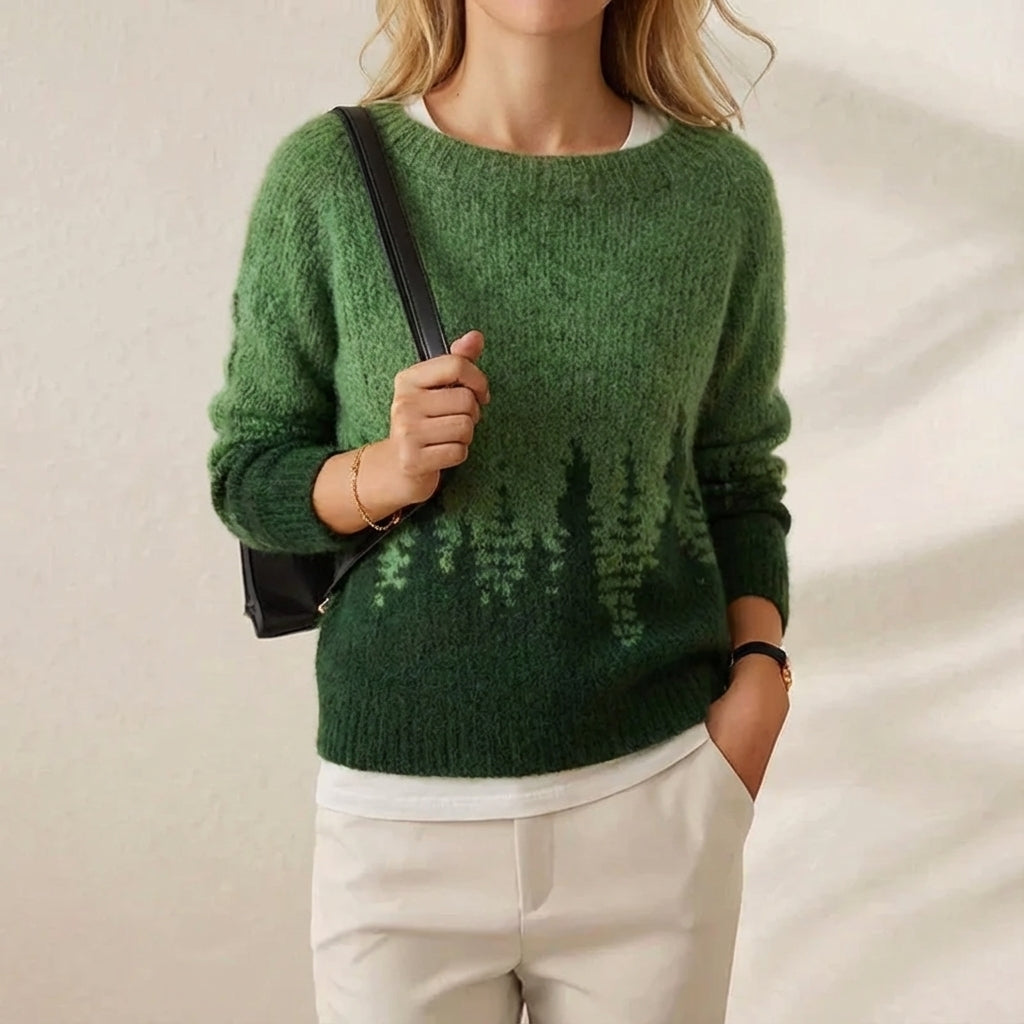 Cashmere Mohair Sweater Green with Pine Tree Pattern