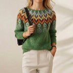 Cashmere Sweater Green with Chevron V-Pattern