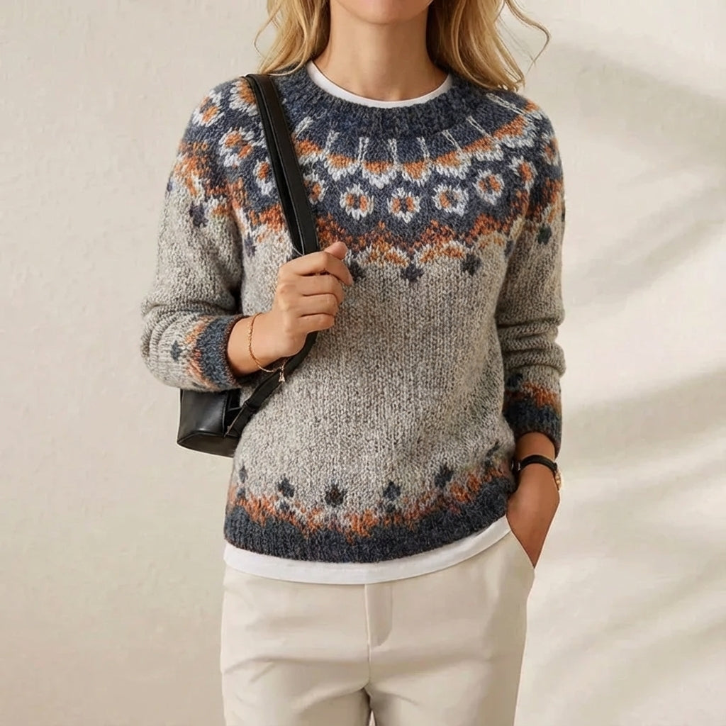 Cashmere Sweater Gray with Geometric Nordic Pattern