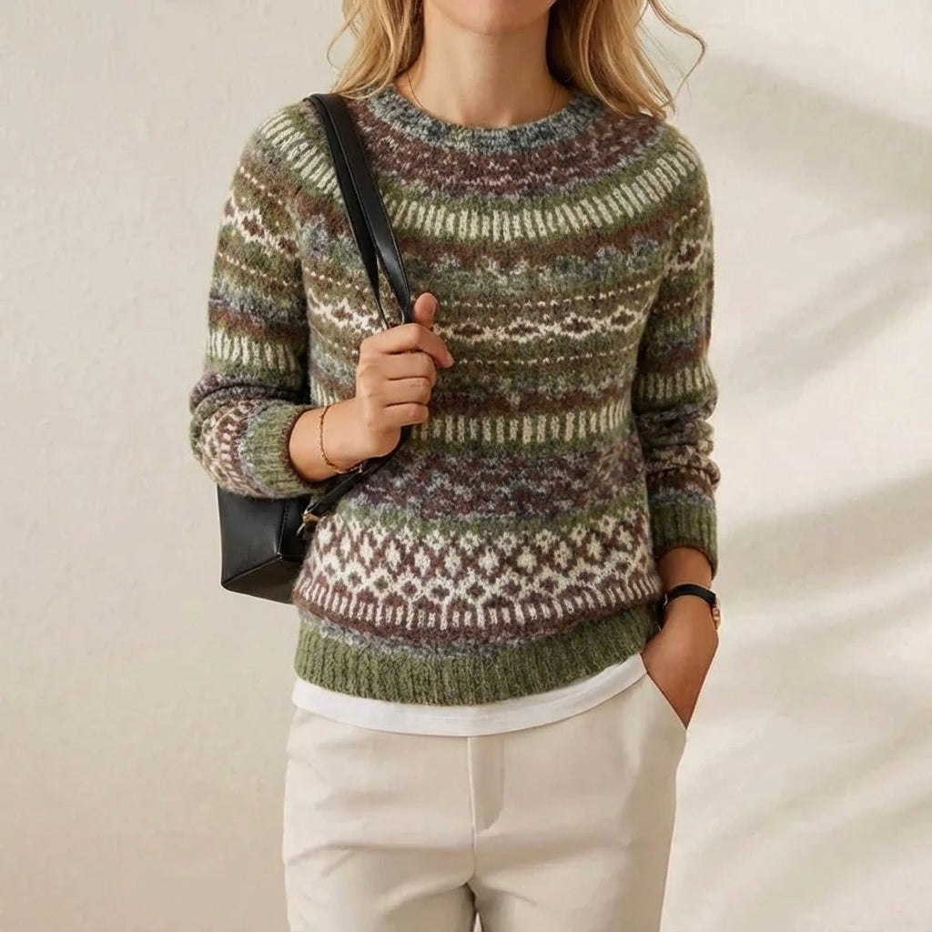 Cashmere Sweater Olive with Abstract Pattern