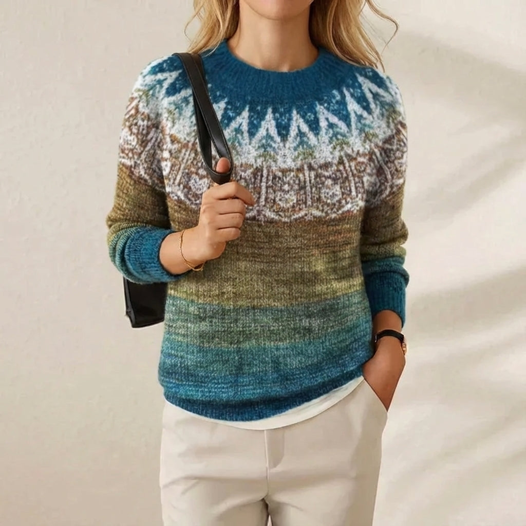 Cashmere Sweater with Gradient Nordic Pattern Blue