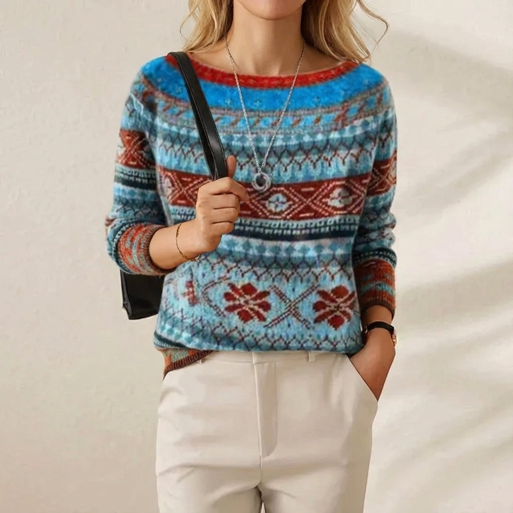 Cashmere Sweater Blue-Red with Fair Isle Bands