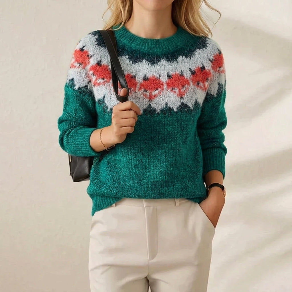 Cotton Mohair Sweater Teal with Fox Pattern