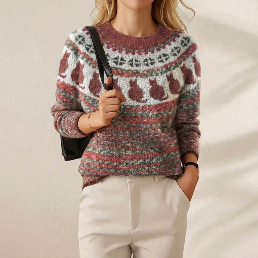 Cotton Sweater with Cats Nordic Pattern