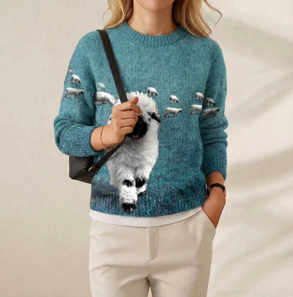 Cotton Sweater Teal with Sheep Pattern