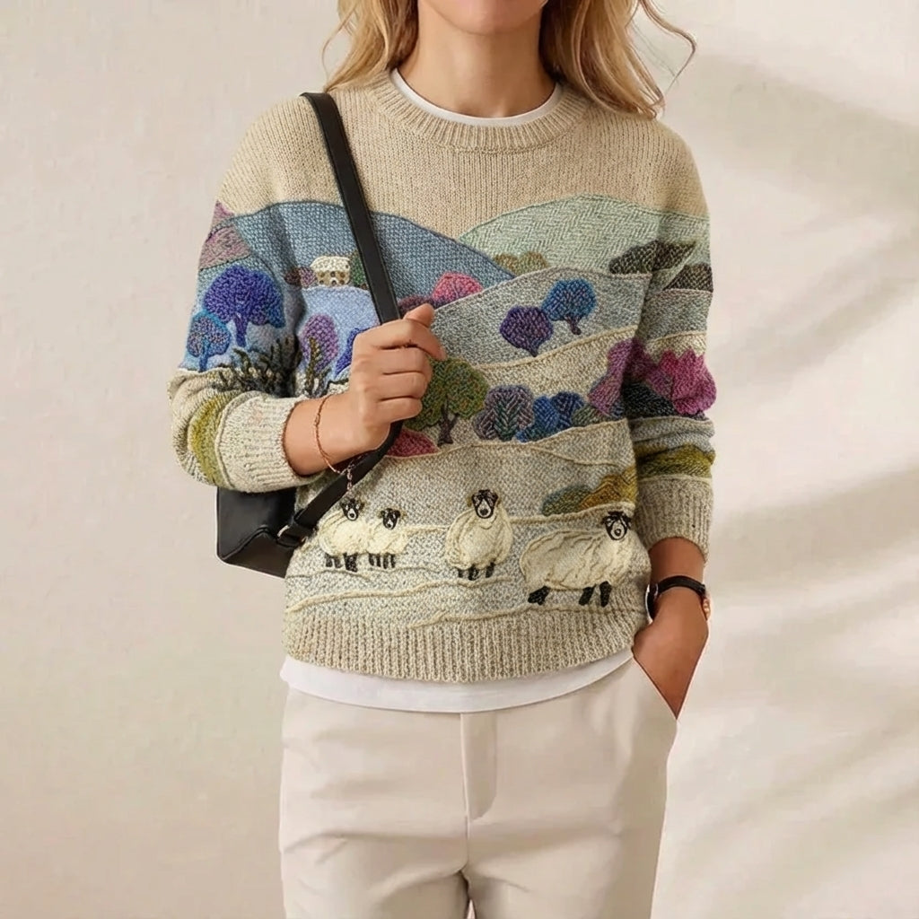 Cotton Sweater Multicolor with Landscape & Sheep Pattern