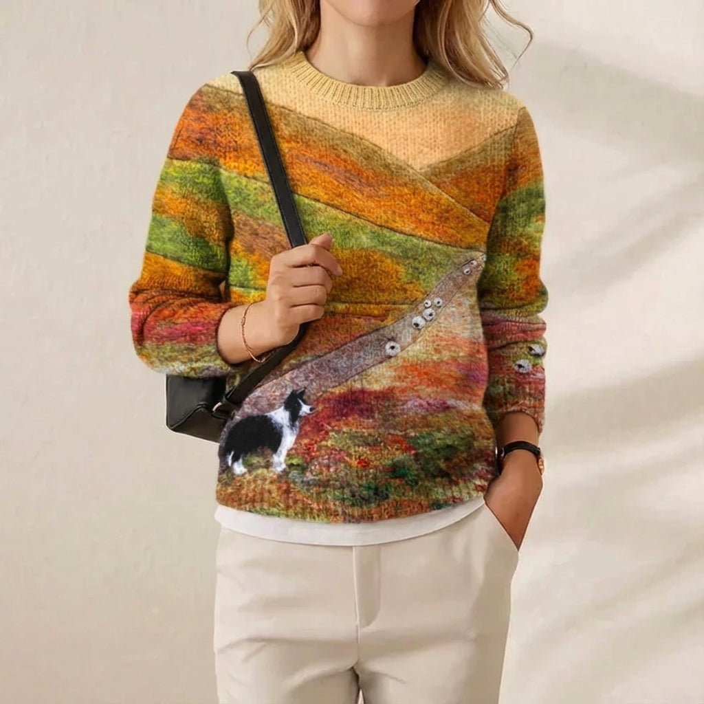 Cashmere Sweater Multicolor Landscape with Dog and Sheep