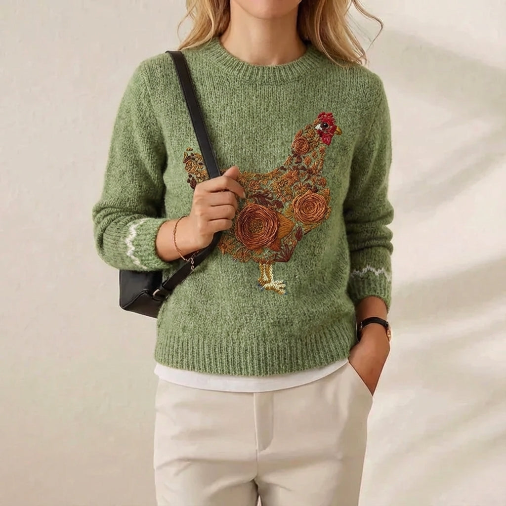 Cashmere Sweater Green with Floral Patterned Hen