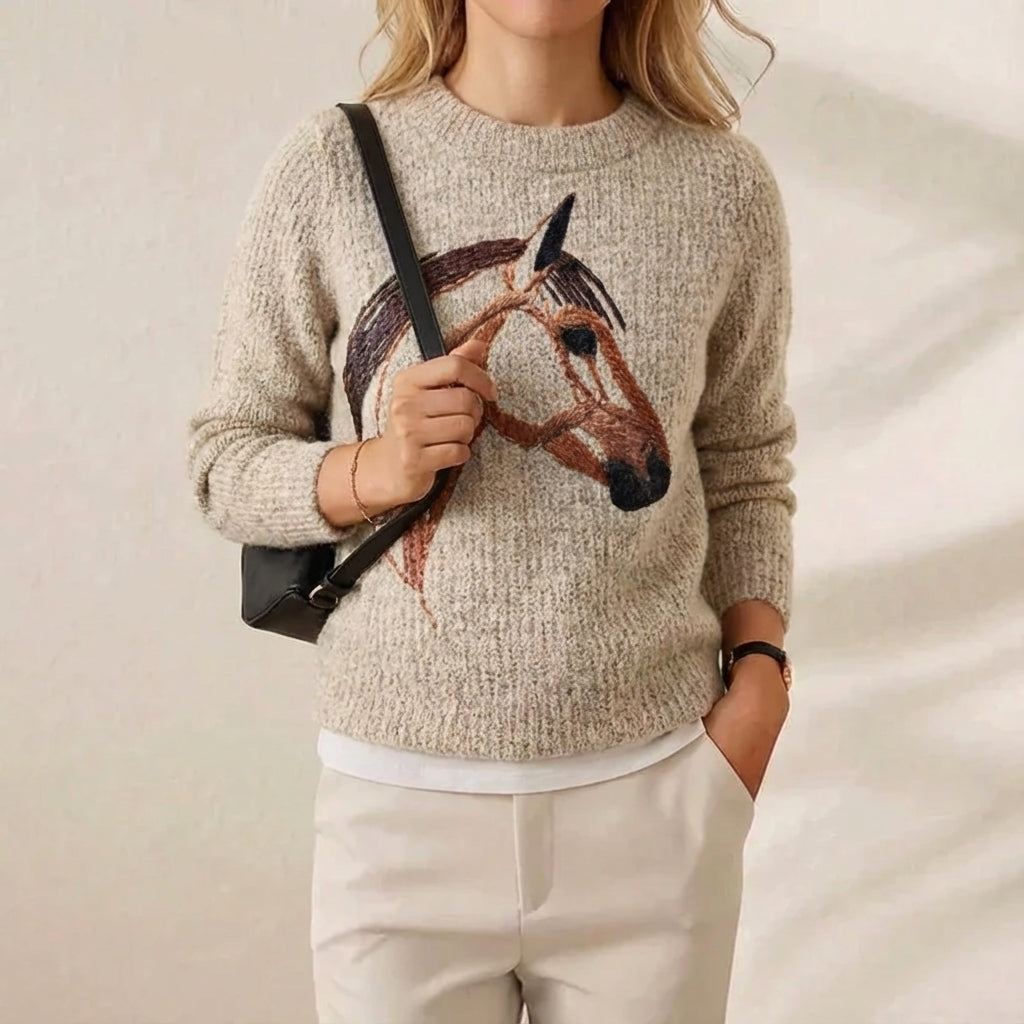 Cotton Sweater Cream with Horse Design