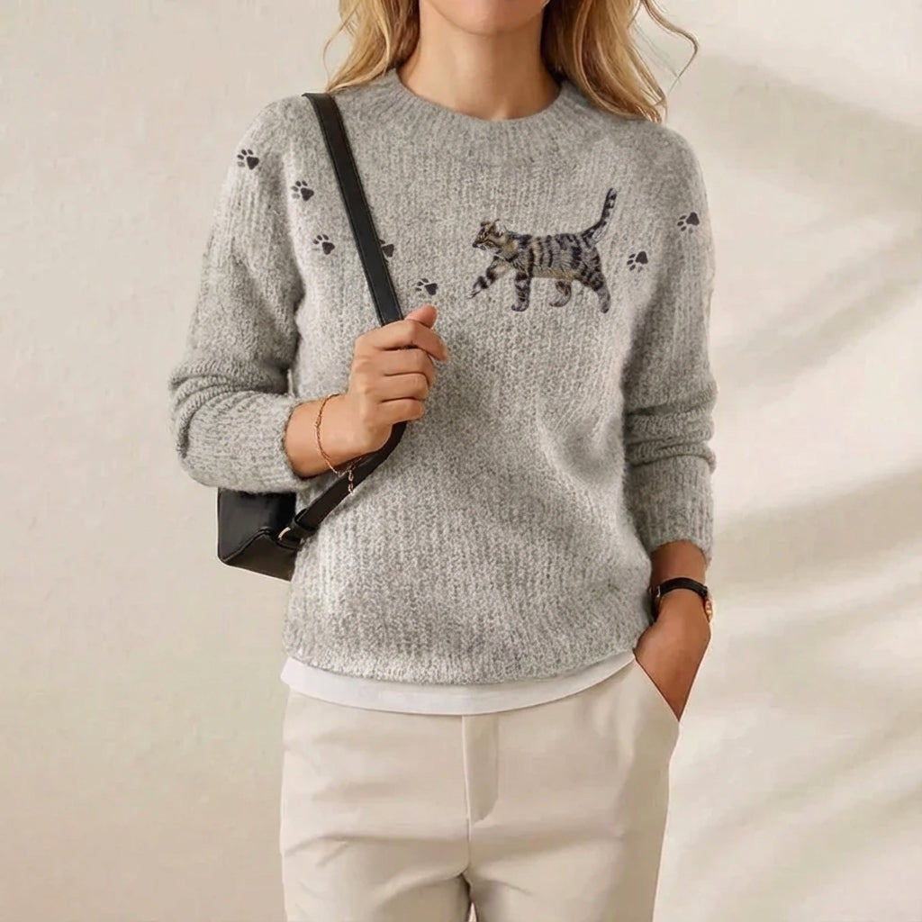 Cotton Sweater Gray with Kitten & Paw Prints