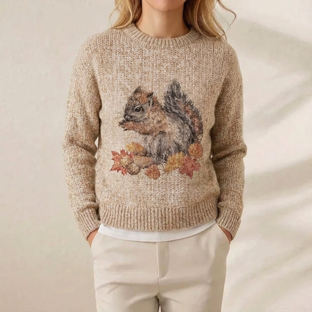Cashmere Sweater Cream with Squirrel & Autumn Leaves