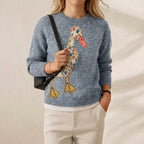 Cashmere Sweater Blue with Duck with Floral Pattern