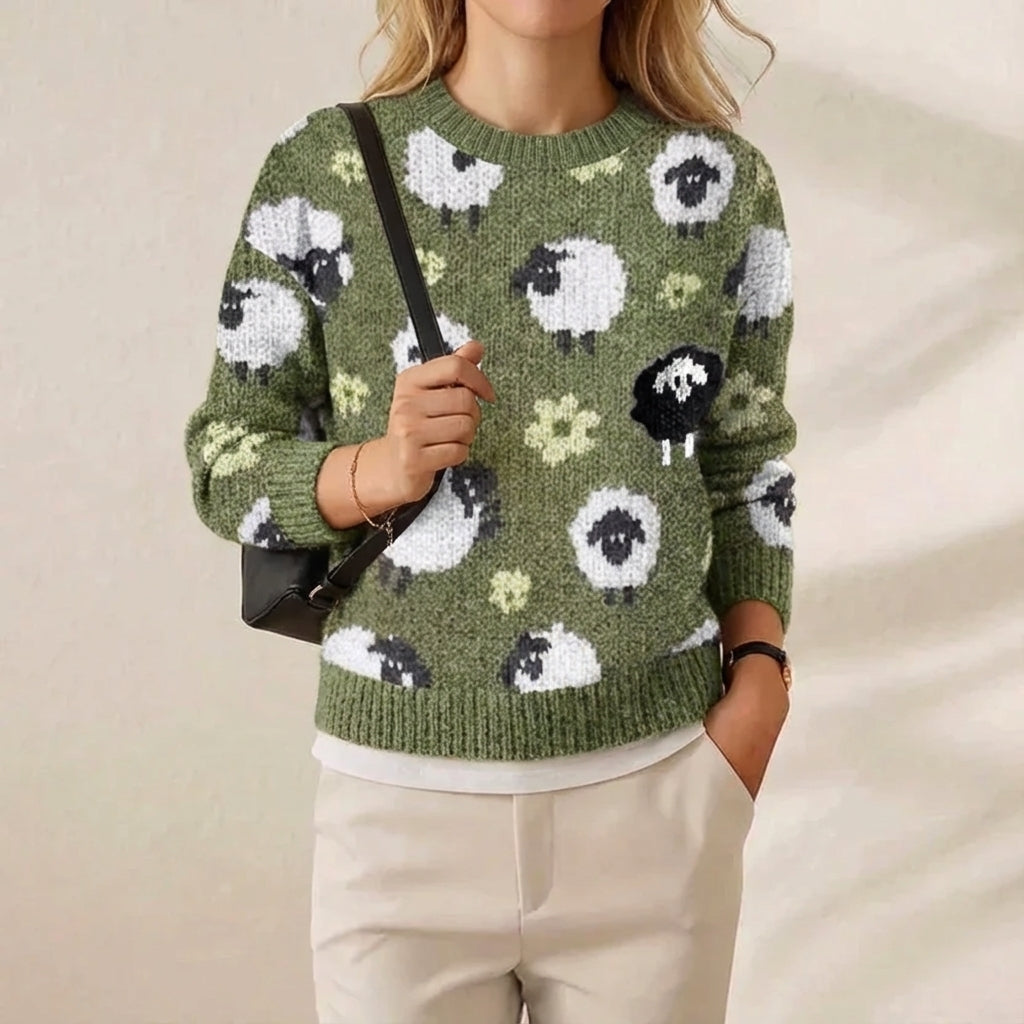 Cashmere Sweater Green with Sheep Pattern