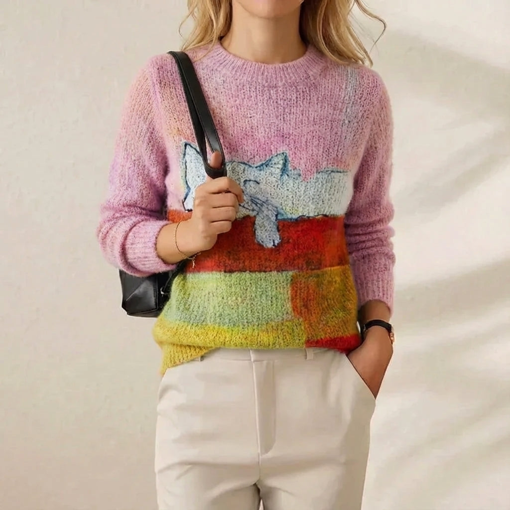 Cotton Sweater Pink with Cat Design