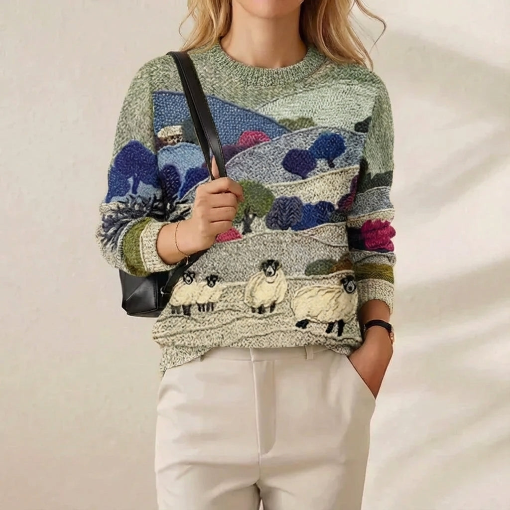 Cashmere Sweater Blue & Green with Landscape & Sheep Pattern