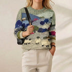 Cashmere Sweater Blue & Green with Landscape & Sheep Pattern