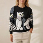 Cashmere Sweater Black with Cat Design