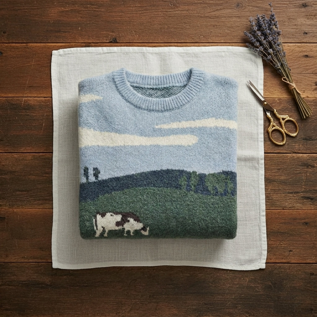 Cashmere Cow Sweater Multicolor with Landscape