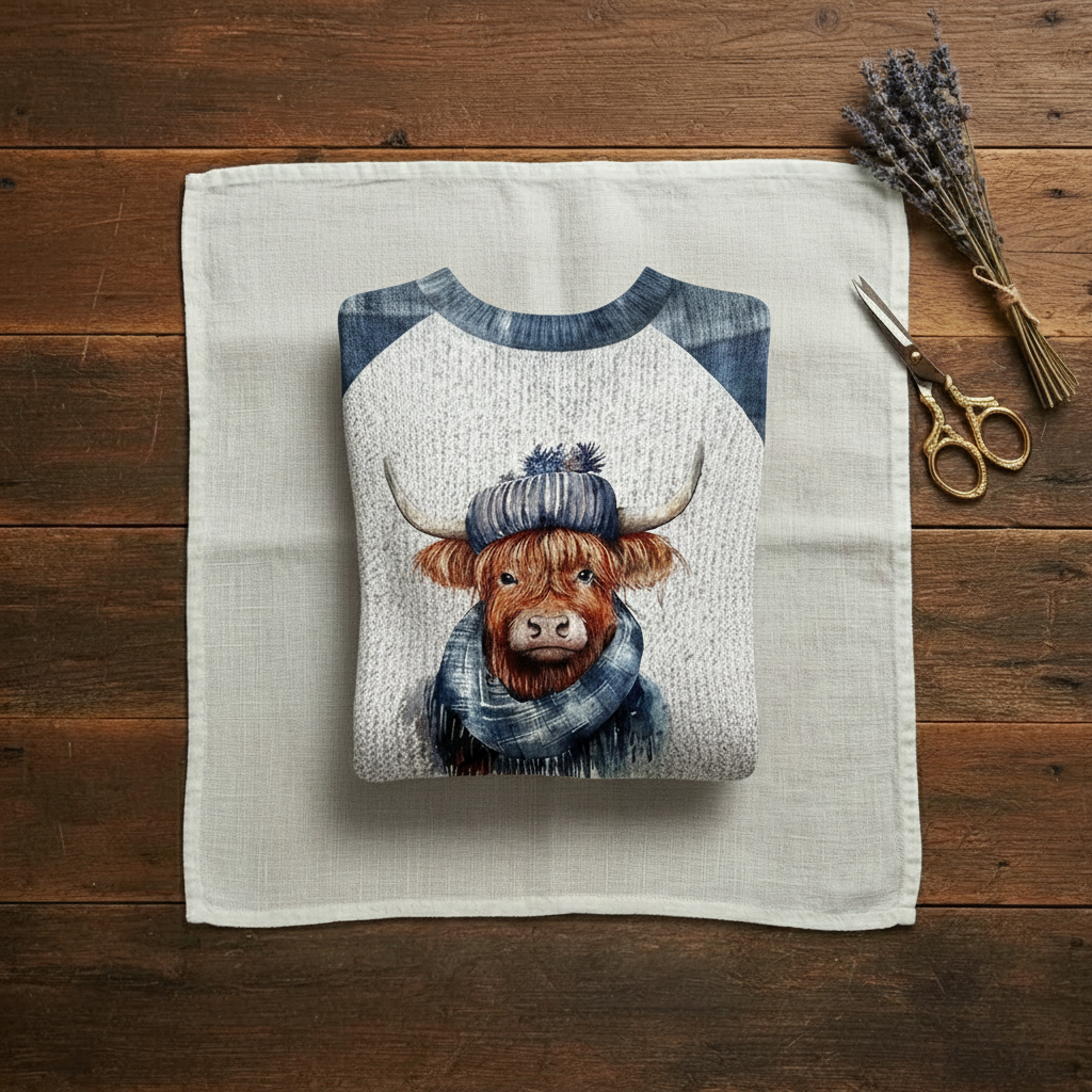 Cashmere Sweater Blue & Cream with Highland Cow Pattern