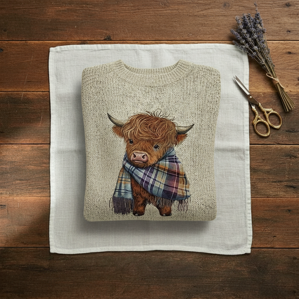 Cashmere Sweater Cream with Highland Cow Pattern