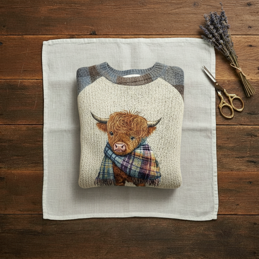 Cashmere Sweater Light Blue & Cream with Highland Cow Pattern