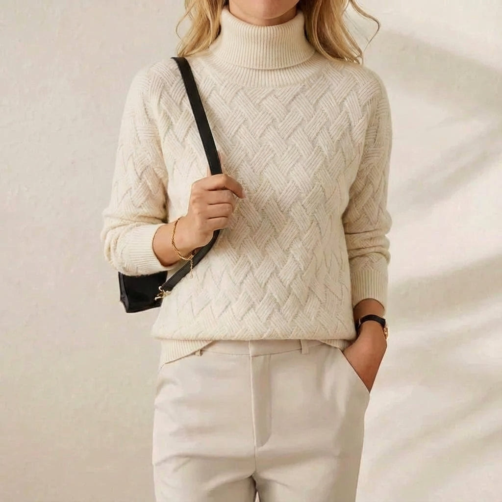 Cashmere Turtleneck Sweater with Herringbone Knit