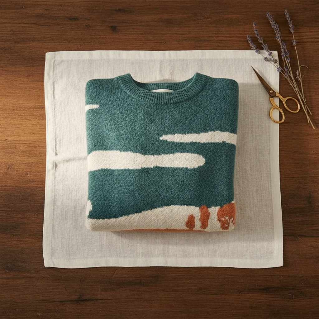 Cotton Sweater Teal & Orange with Landscape & Cow Design