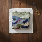 Cashmere Sweater Blue & Green with Landscape & Sheep Pattern