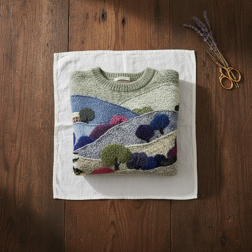 Cashmere Sweater Blue & Green with Landscape & Sheep Pattern