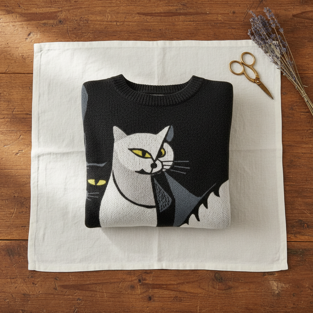 Cashmere Sweater Black with Cat Design