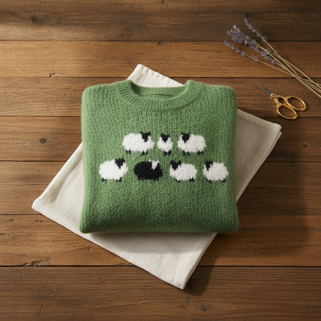 Cashmere Sweater Green with Sheep Pattern