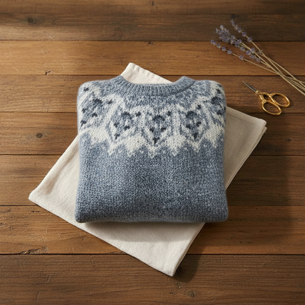 Cashmere Sweater Blue with Wolf Pattern