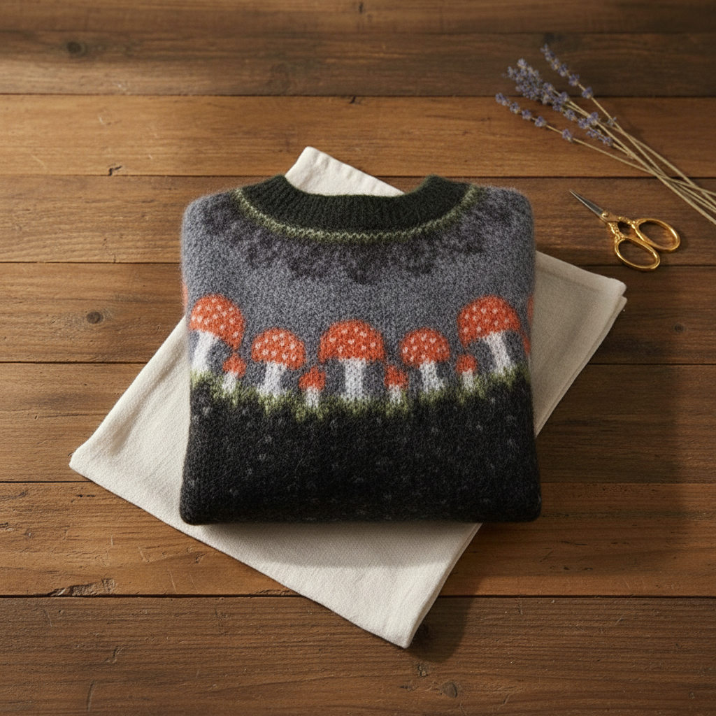 Cashmere Sweater Black with Mushroom Pattern