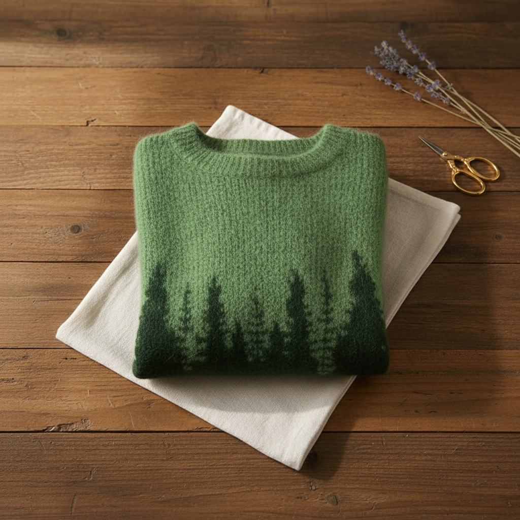 Cashmere Mohair Sweater Green with Pine Tree Pattern