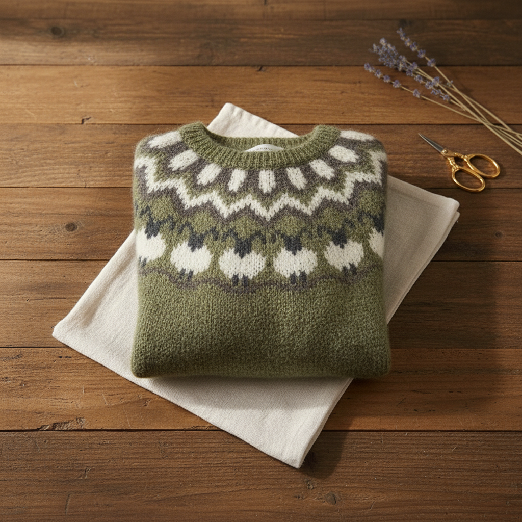 Cashmere Sweater Olive with Sheep Pattern