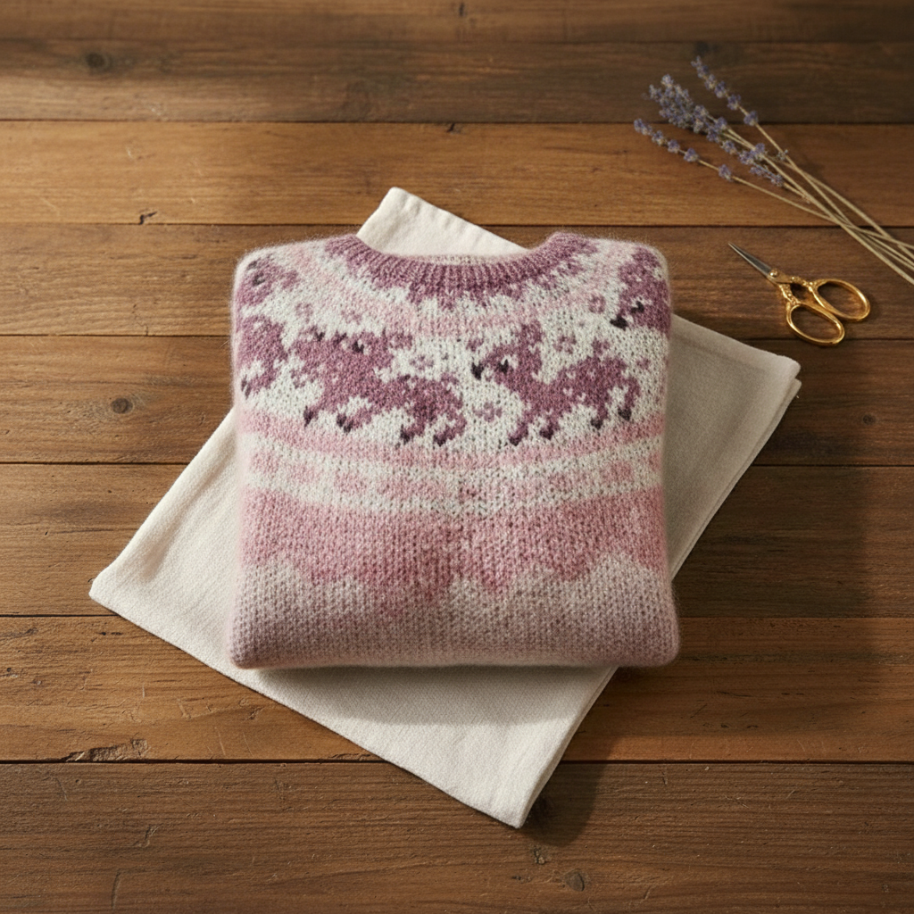 Cotton Mohair Sweater Pink with Reindeer Pattern